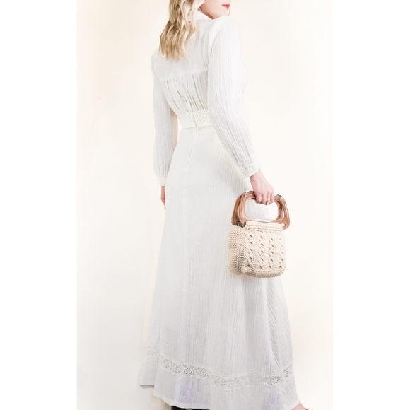 70s Ivory Cotton Gauze Crochet Trim VTG Maxi Dress - Picture 6 of 16
